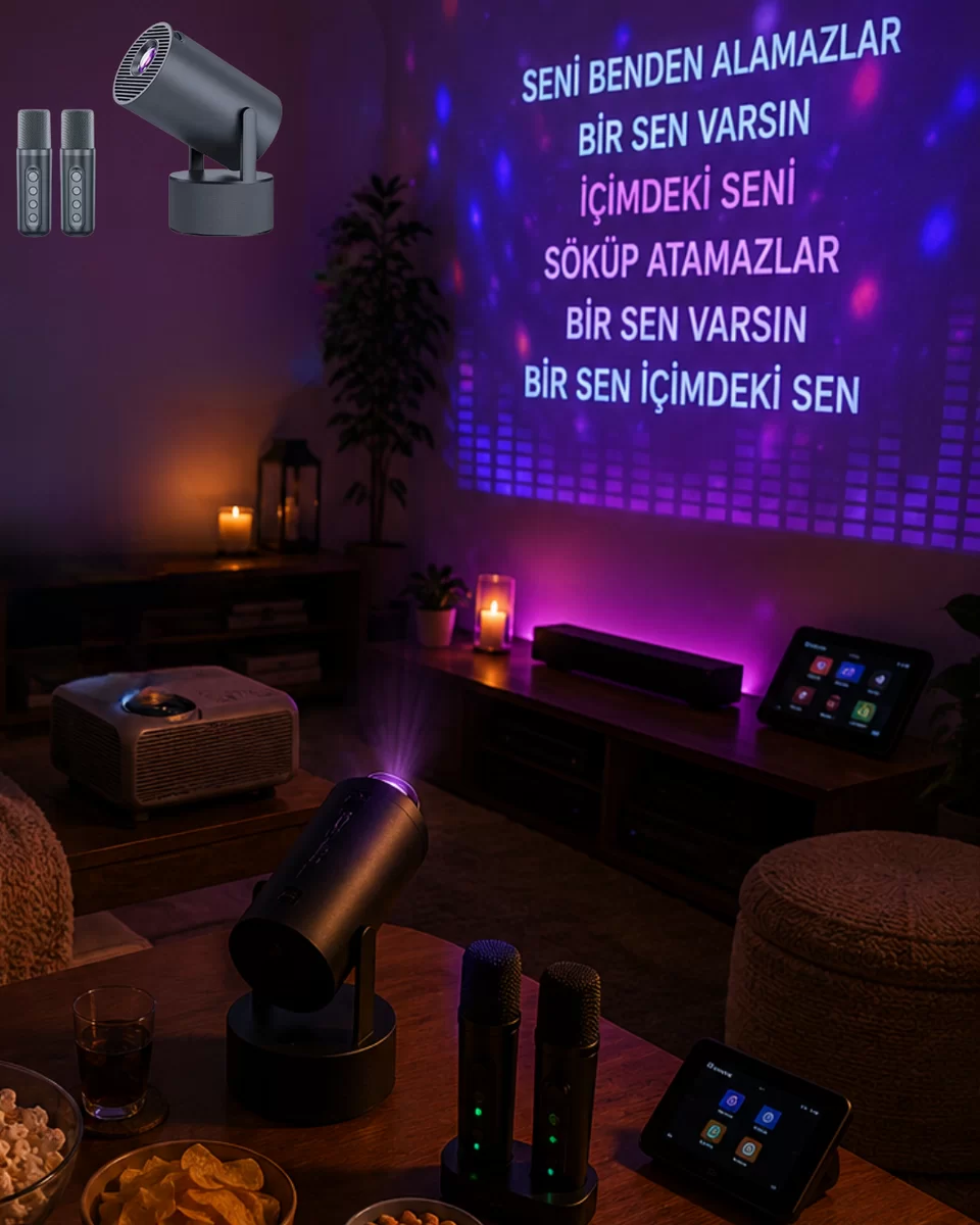 Bluetooth Hoparlörlü Akıllı Projektör Kablosuz Karaoke Mikrofonlu 1 Bluetooth Hoparlörlü Akıllı Projektör Kablosuz Karaoke Mikrofonlu