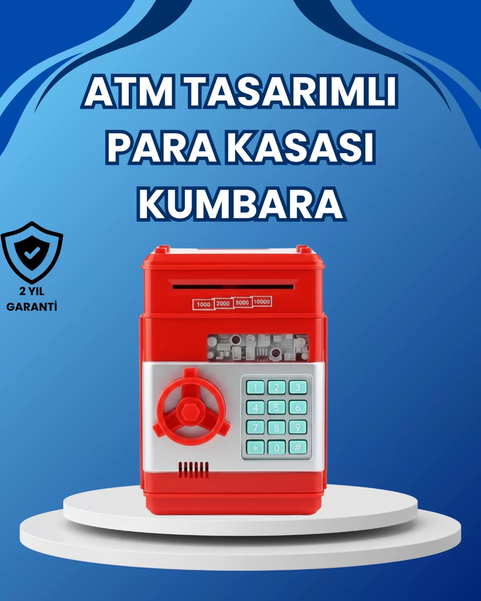 Kırmızı ATM Tasarımlı Şifreli Para Kasası Kumbara 1 Kırmızı ATM Tasarımlı Şifreli Para Kasası Kumbara