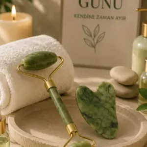 Jade Stone Yüz Bakım Seti Gua Sha ve Roller Masaj Taşı