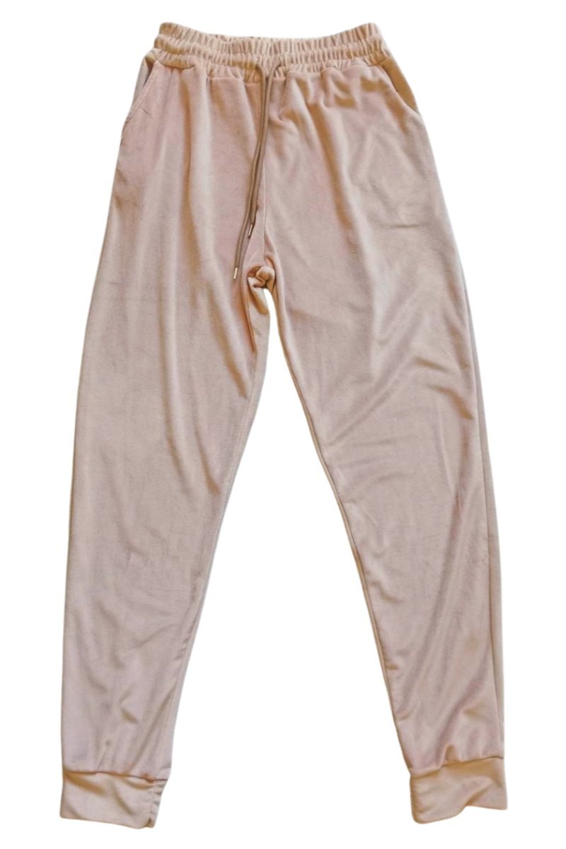 Parlak Kadife Cepli Pantolon Eşofman Pijama Altı Unisex Lastikli Paça Bej 1 Parlak Kadife Cepli Pantolon Eşofman Pijama Altı Unisex Lastikli Paça Bej