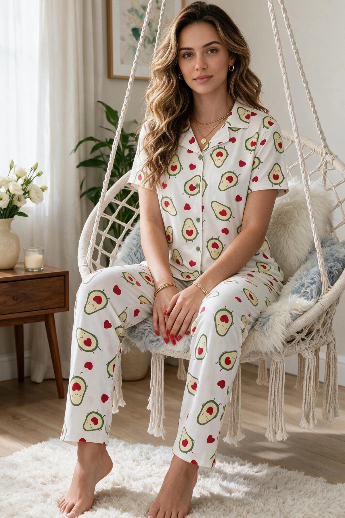 Avokado Desenli Kısa Kollu Gömlek Yaka Milan Kumaş Kadın Pijama Takımı 3 Avokado Desenli Kısa Kollu Gömlek Yaka Milan Kumaş Kadın Pijama Takımı - Görsel 3