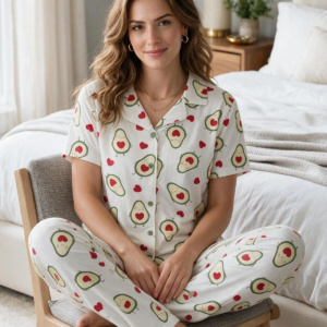 Avokado Desenli Kısa Kollu Gömlek Yaka Milan Kumaş Kadın Pijama Takımı