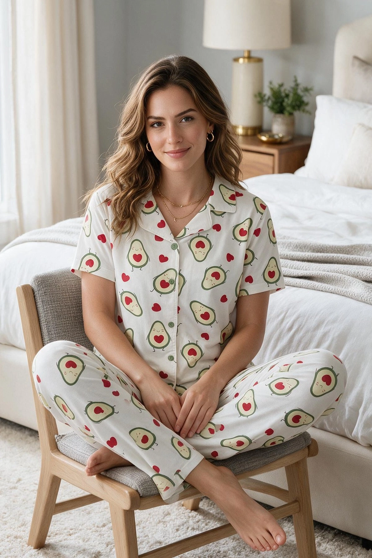 Avokado Desenli Kısa Kollu Gömlek Yaka Milan Kumaş Kadın Pijama Takımı 1 Avokado Desenli Kısa Kollu Gömlek Yaka Milan Kumaş Kadın Pijama Takımı