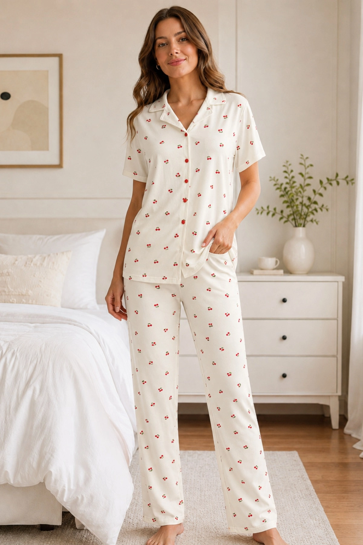 Beyaz Kiraz Desenli Kısa Kollu Gömlek Yaka Milan Kumaş Kadın Pijama Takımı 1 Beyaz Kiraz Desenli Kısa Kollu Gömlek Yaka Milan Kumaş Kadın Pijama Takımı
