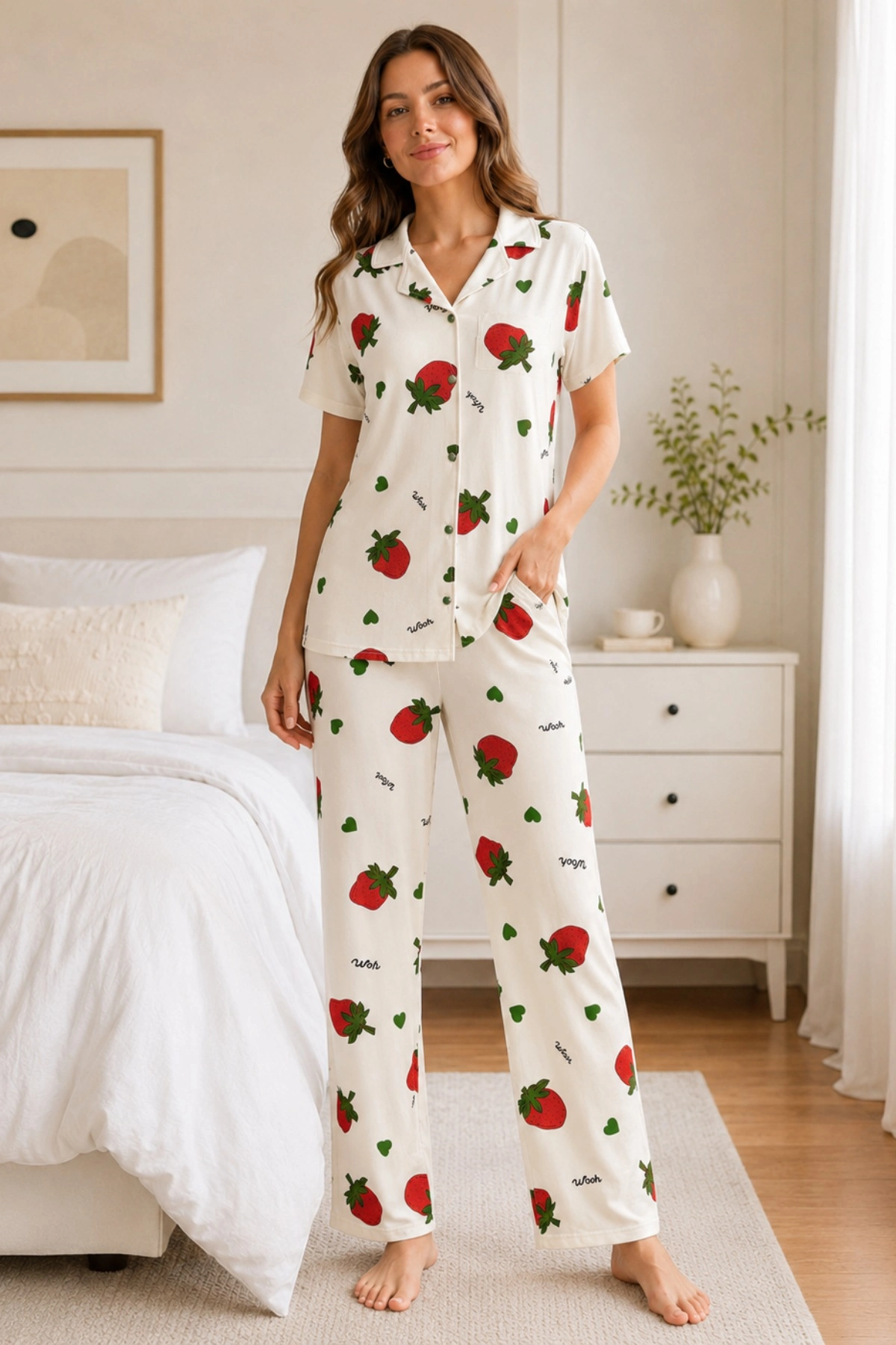 Ekru Çilek Desenli Kısa Kollu Gömlek Yaka Milan Kumaş Kadın Pijama Takımı 3 Ekru Çilek Desenli Kısa Kollu Gömlek Yaka Milan Kumaş Kadın Pijama Takımı - Görsel 3