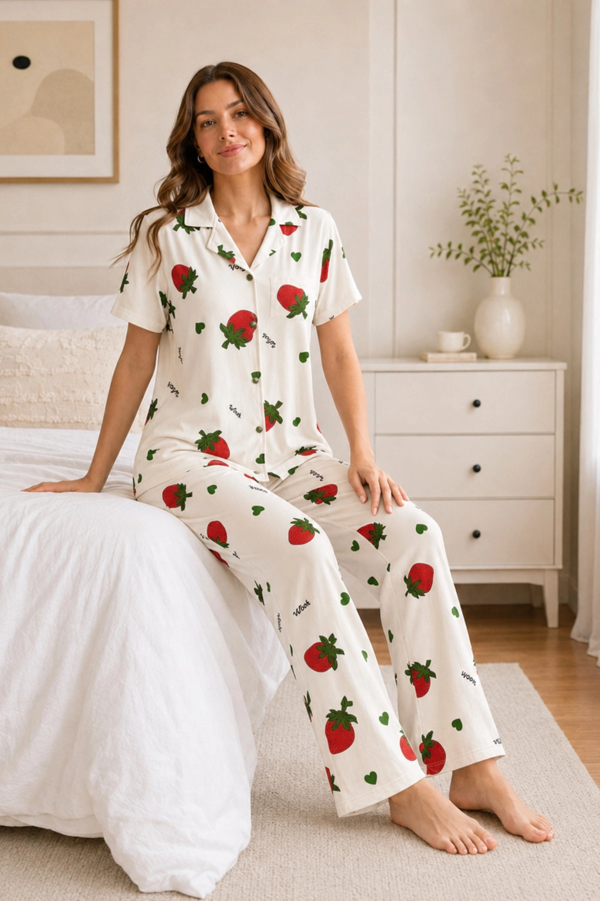 Ekru Çilek Desenli Kısa Kollu Gömlek Yaka Milan Kumaş Kadın Pijama Takımı 2 Ekru Çilek Desenli Kısa Kollu Gömlek Yaka Milan Kumaş Kadın Pijama Takımı - Görsel 2