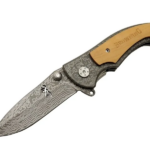 Browning 2-31 Damascus Kamp Çakı 19,5cm - Yarı Otomatik, Kemerlikli, Ahşap; Metal Sap