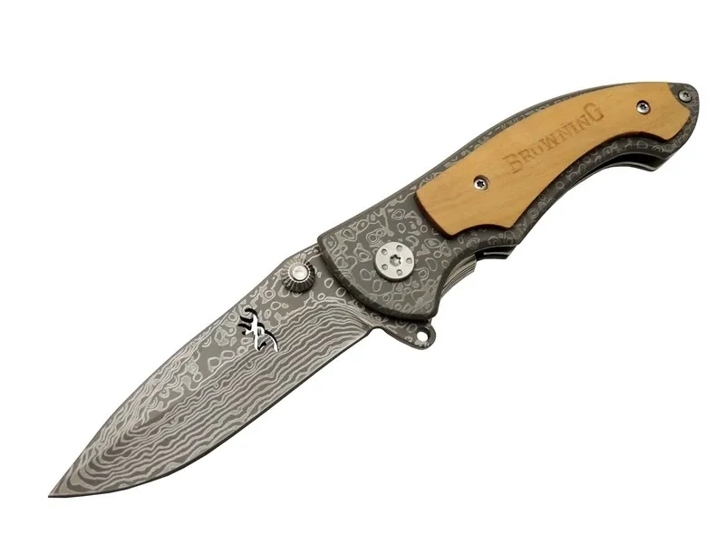 Browning 2-31 Damascus Kamp Çakı 19,5cm - Yarı Otomatik, Kemerlikli, Ahşap; Metal Sap 1 Browning 2-31 Damascus Kamp Çakı 19,5cm - Yarı Otomatik, Kemerlikli, Ahşap; Metal Sap