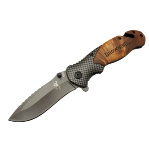 Browning X50 Kahverengi Kurtarma / Kamp Çakısı 20,5cm- Yarı Otomatik, Kemerlikli, Ahşap Sap, Cam Kırma Ve İp Kesme Aparatlı