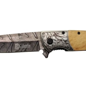 Columbia A2150c Kahve Kamp Çakısı 21cm- Manuel, Ahşap İşlemeli Sap,kemerlikli