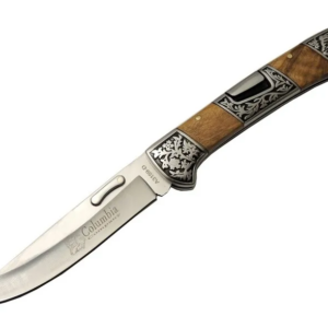 Columbia A3159-d Kahverengi Kamp Çakı 23,5cm- Ahşap Sap, Kaplan İşlemeli, Kemerlikli