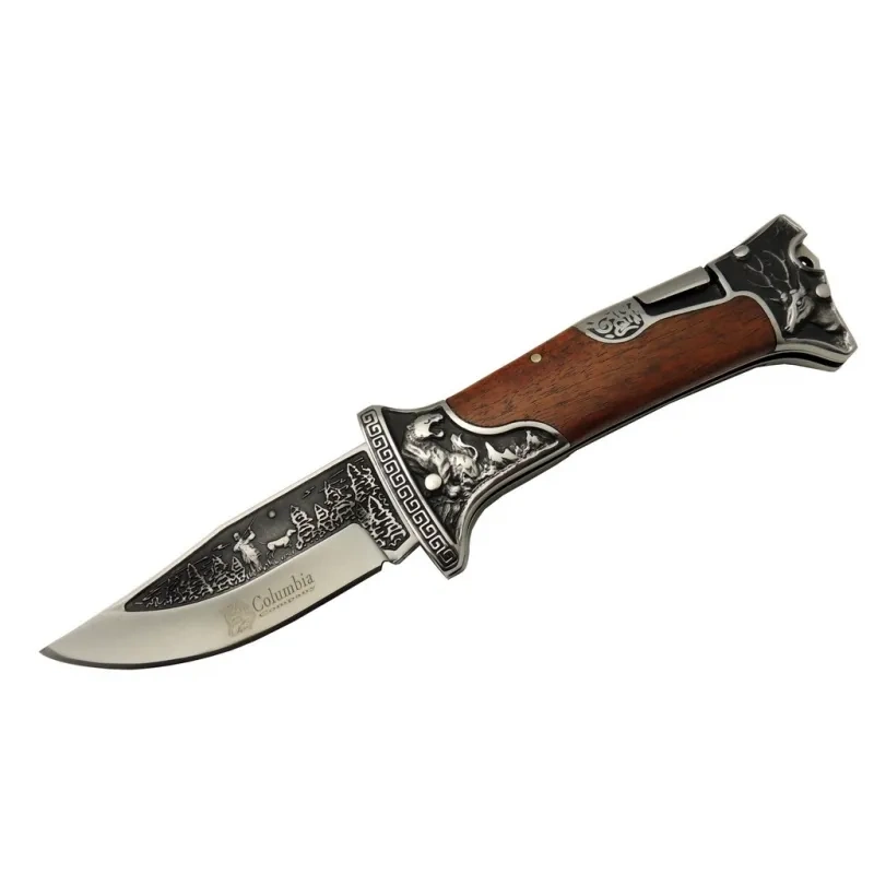 Columbia A3188-2 Geyik Desenli Outdoor Çakı 23 Cm - İşlemeli Ahşap Saplı, Perçinli, Deri Kılıflı 1 Columbia A3188-2 Geyik Desenli Outdoor Çakı 23 Cm - İşlemeli Ahşap Saplı, Perçinli, Deri Kılıflı