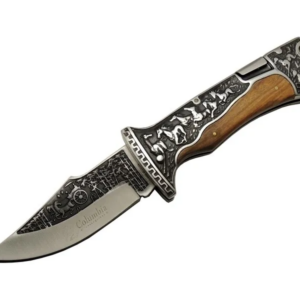 Columbia A3189c Kahve Kamp Çakısı 23cm- Manuel, At İşlemeli Ahşap Sap, Özel Kutulu, Kılıflı