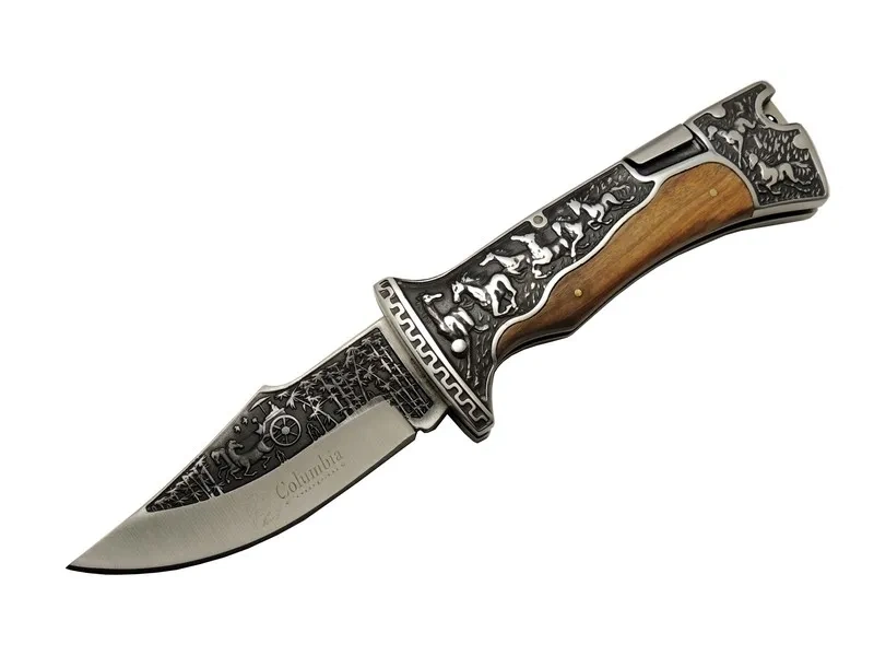 Columbia A3189c Kahve Kamp Çakısı 23cm- Manuel, At İşlemeli Ahşap Sap, Özel Kutulu, Kılıflı 1 Columbia A3189c Kahve Kamp Çakısı 23cm- Manuel, At İşlemeli Ahşap Sap, Özel Kutulu, Kılıflı