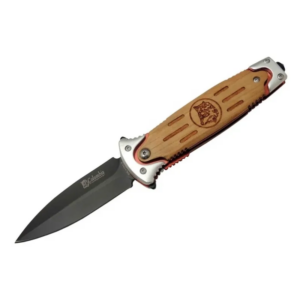 Columbia Fs 11033 Kahverengi Kurtarma / Kamp Çakısı 20cm - Yarı Otomatik, Kurt İşlemeli Ahşap Sap, Kemerlikli