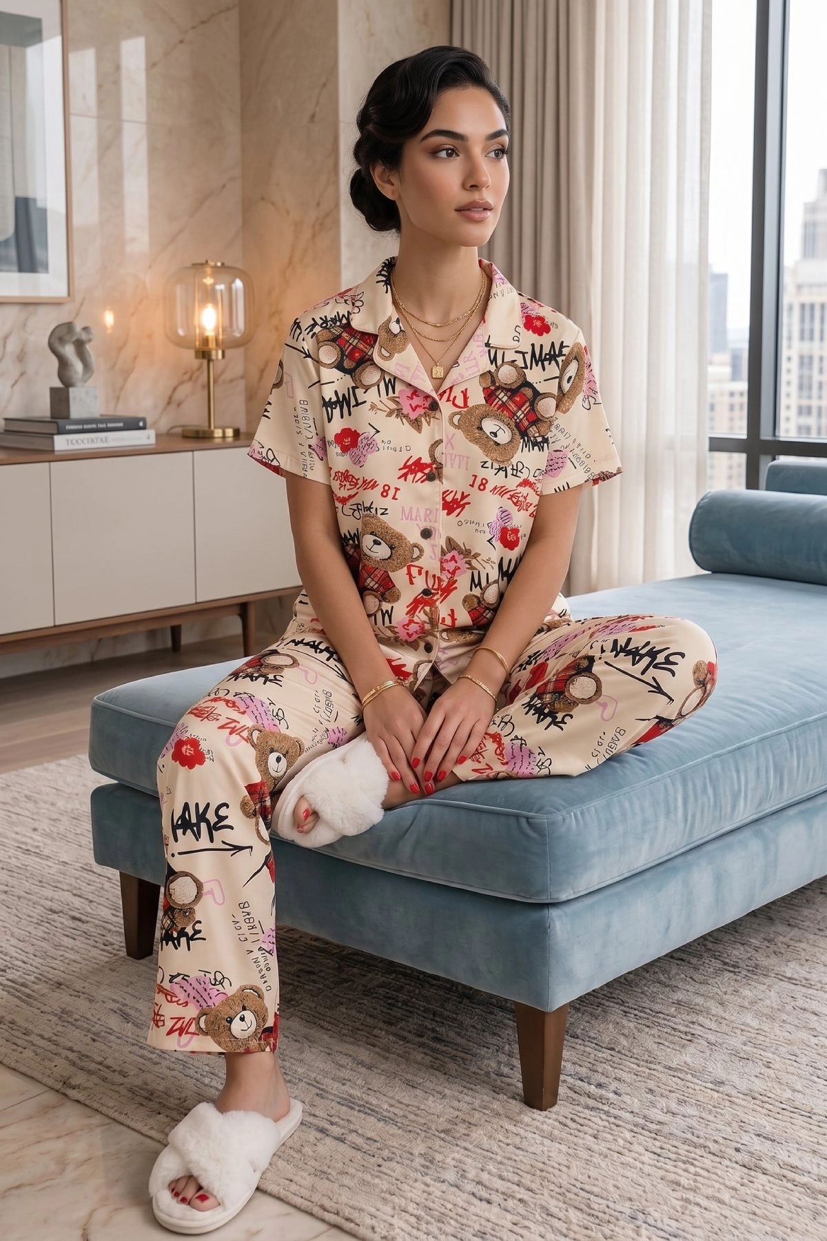 Ekru Ayıcık Desenli Kısa Kollu Gömlek Yaka Milan Kumaş Kadın Pijama Takımı 1 Ekru Ayıcık Desenli Kısa Kollu Gömlek Yaka Milan Kumaş Kadın Pijama Takımı