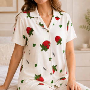 Ekru Çilek Desenli Kısa Kollu Gömlek Yaka Milan Kumaş Kadın Pijama Takımı