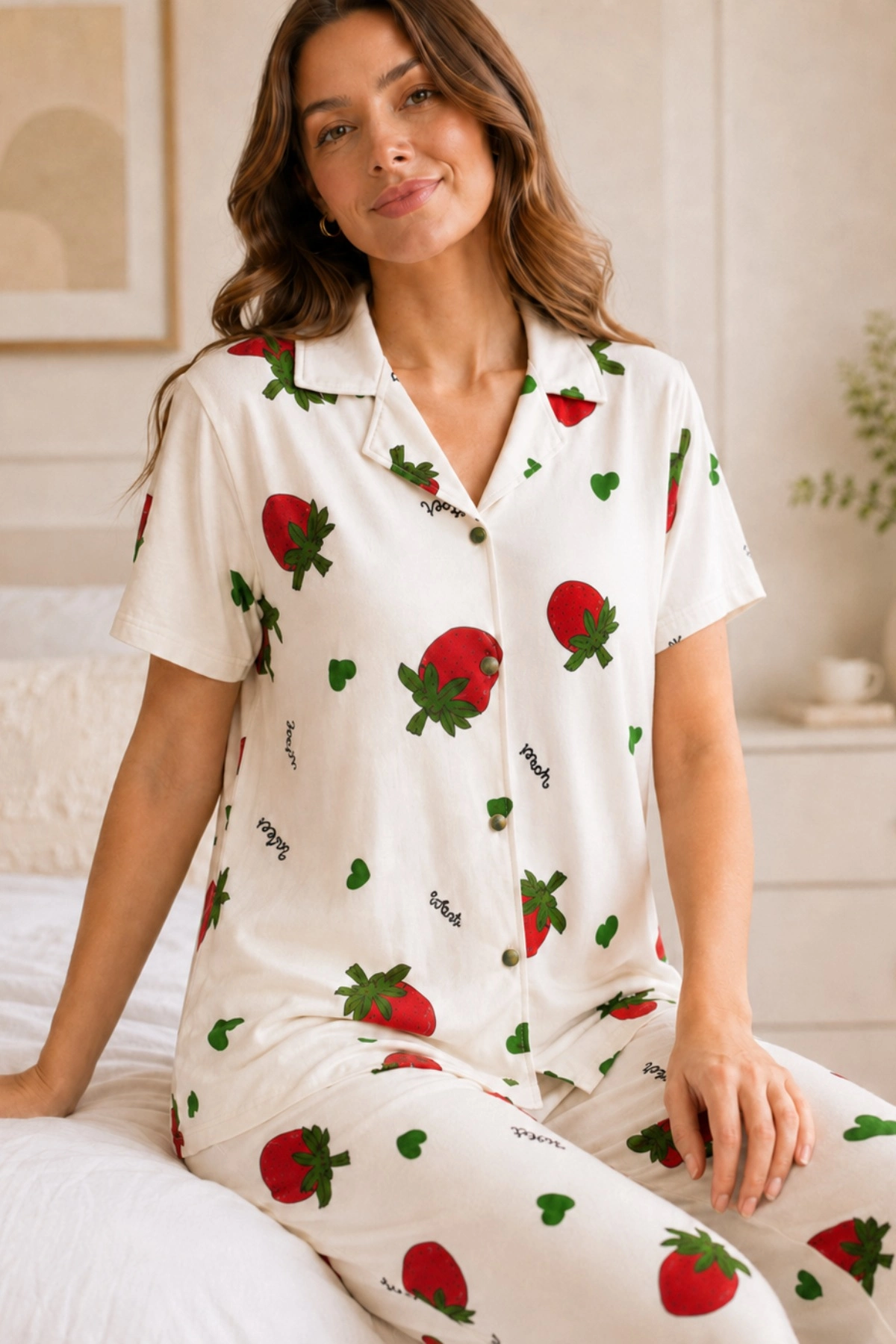 Ekru Çilek Desenli Kısa Kollu Gömlek Yaka Milan Kumaş Kadın Pijama Takımı 1 Ekru Çilek Desenli Kısa Kollu Gömlek Yaka Milan Kumaş Kadın Pijama Takımı
