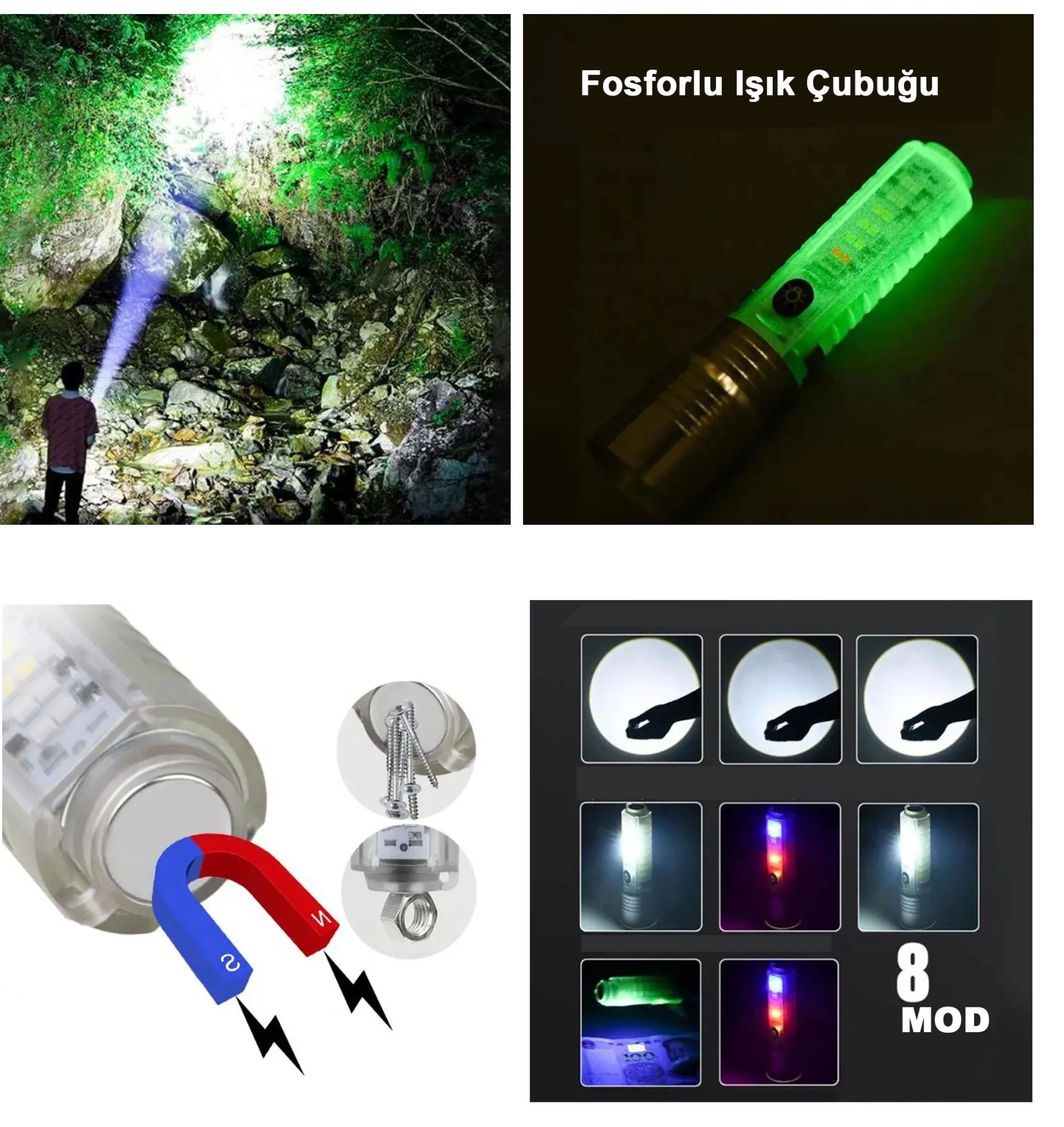 El Feneri 8 Mod Şarjlı Fosforlu Mıknatıslı Led El Feneri 1 El Feneri 8 Mod Şarjlı Fosforlu Mıknatıslı Led El Feneri