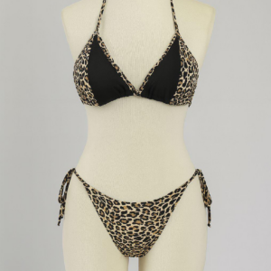 Kadın Siyah ve Leopar Detaylı Yandan Bağlamalı Bikini Takımı