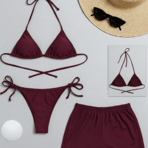 Kadın 3'lü Set Bordo Şortlu ve Yandan Bağlamalı Bikini Mayo Takımı