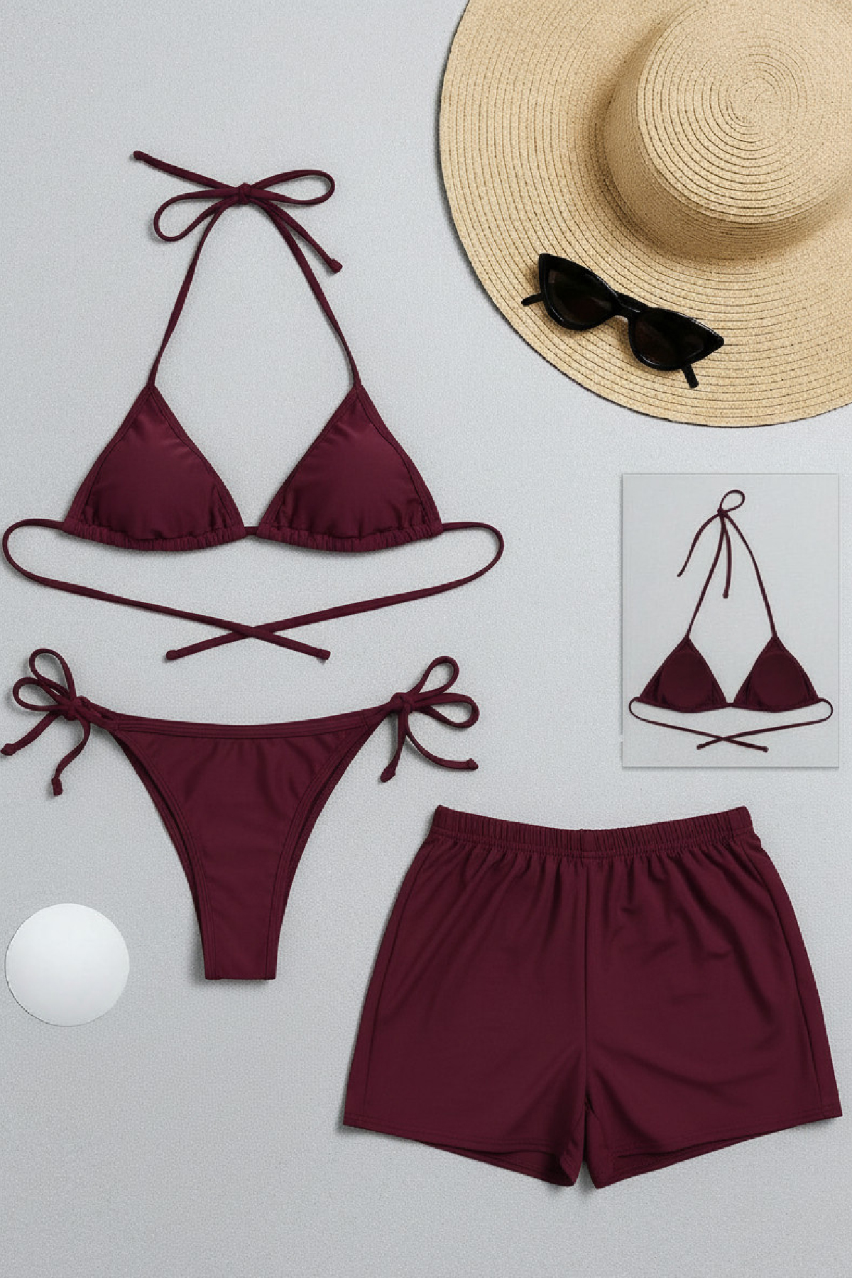 Kadın 3'lü Set Bordo Şortlu ve Yandan Bağlamalı Bikini Mayo Takımı 1 Kadın 3'lü Set Bordo Şortlu ve Yandan Bağlamalı Bikini Mayo Takımı