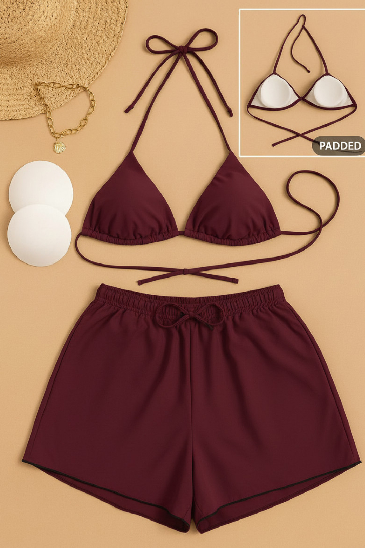Kadın 3'lü Set Bordo Şortlu ve Yandan Bağlamalı Bikini Mayo Takımı 2 Kadın 3'lü Set Bordo Şortlu ve Yandan Bağlamalı Bikini Mayo Takımı - Görsel 2