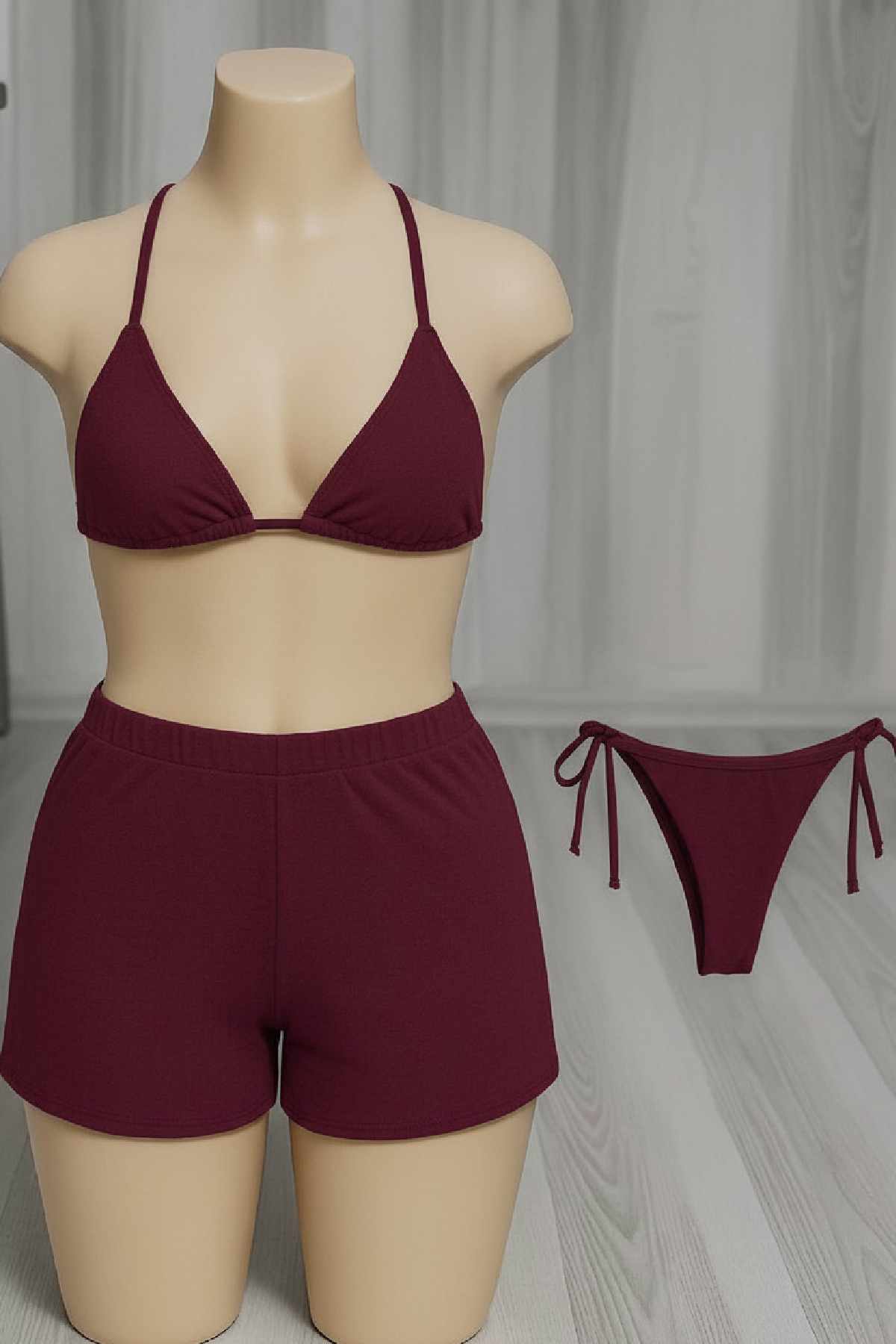 Kadın 3'lü Set Bordo Şortlu ve Yandan Bağlamalı Bikini Mayo Takımı 3 Kadın 3'lü Set Bordo Şortlu ve Yandan Bağlamalı Bikini Mayo Takımı - Görsel 3