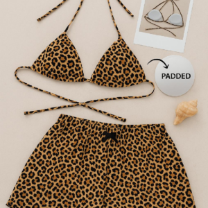 Kadın Leopar Desenli Şortlu Belden ve Boyundan Bağlamalı Bikini Takımı