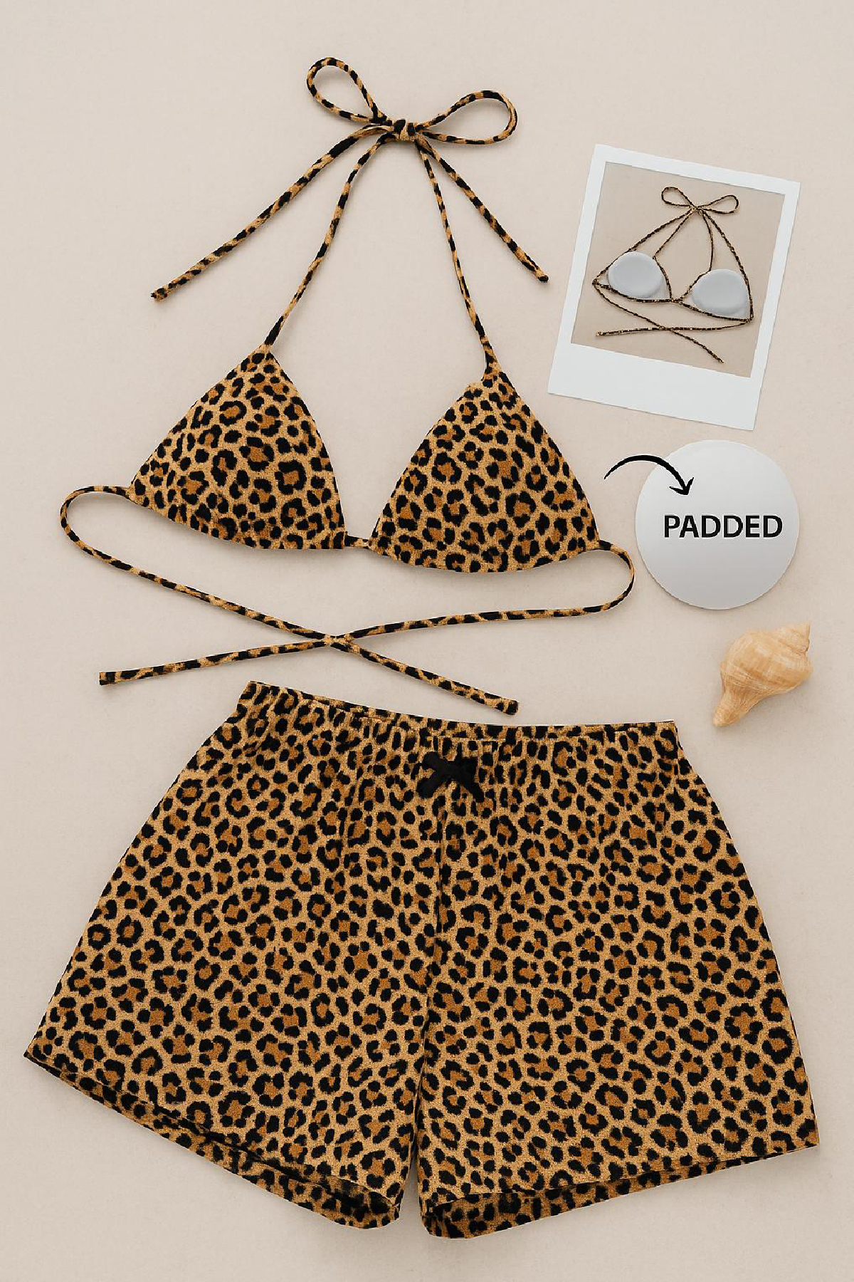 Kadın Leopar Desenli Şortlu Belden ve Boyundan Bağlamalı Bikini Takımı 1 Kadın Leopar Desenli Şortlu Belden ve Boyundan Bağlamalı Bikini Takımı