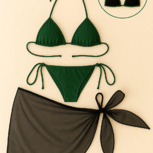 Kadın Yeşil Siyah Pareolu Yandan ve Boyundan Bağlamalı 3'lü Bikini Takımı