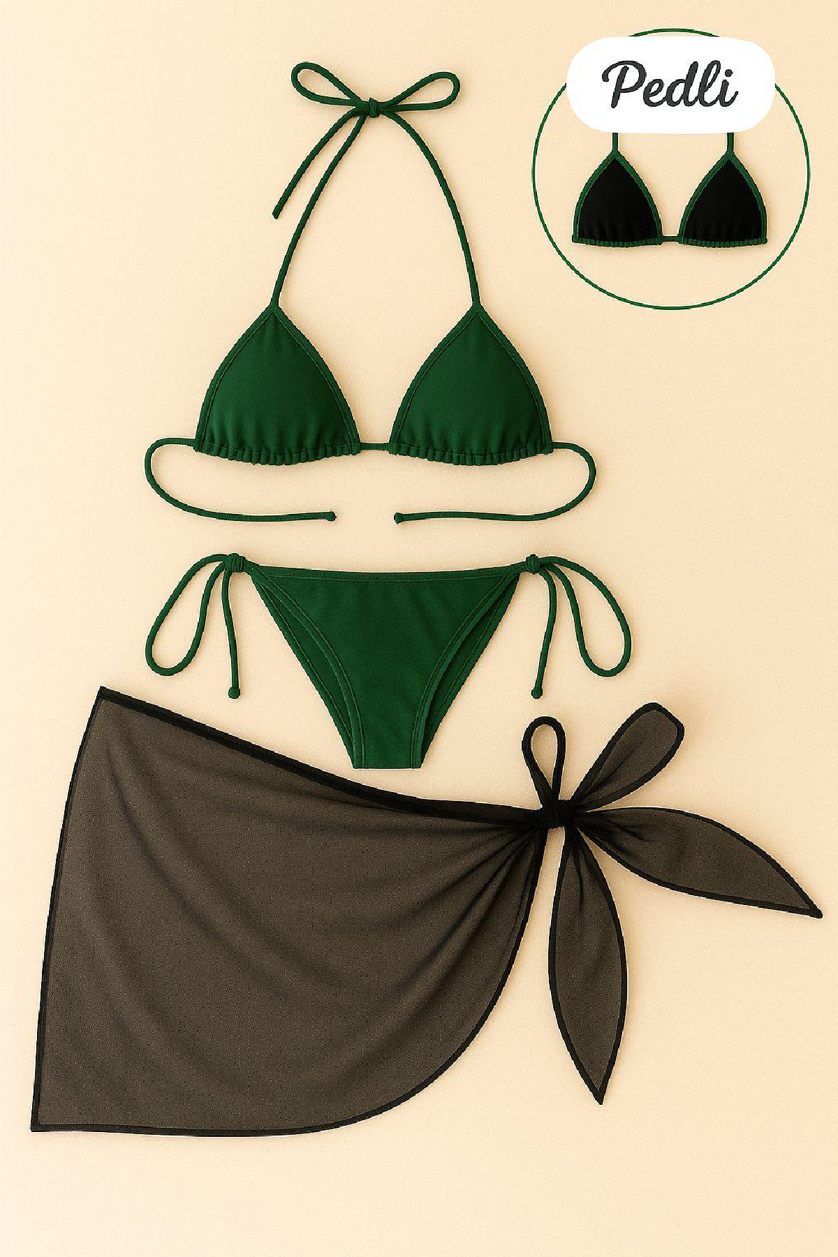Kadın Yeşil Siyah Pareolu Yandan ve Boyundan Bağlamalı 3'lü Bikini Takımı 1 Kadın Yeşil Siyah Pareolu Yandan ve Boyundan Bağlamalı 3'lü Bikini Takımı