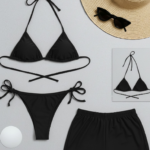 Kadın 3'lü Set Siyah Şortlu ve Yandan Bağlamalı Bikini Mayo Takımı