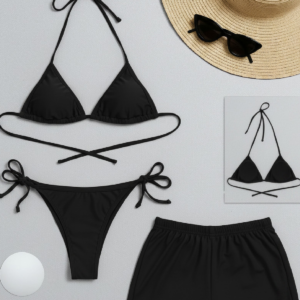 Kadın 3'lü Set Siyah Şortlu ve Yandan Bağlamalı Bikini Mayo Takımı