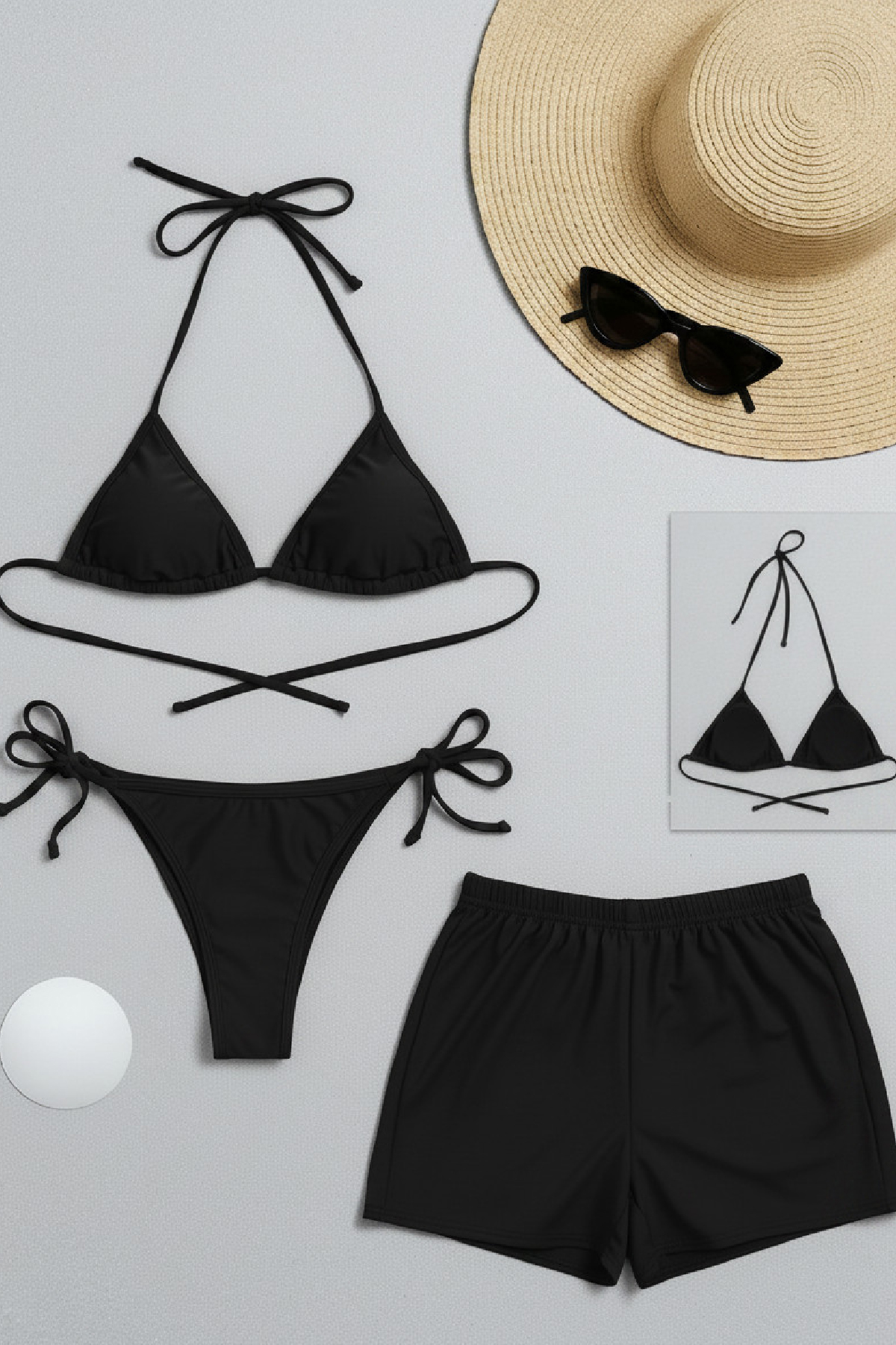 Kadın 3'lü Set Siyah Şortlu ve Yandan Bağlamalı Bikini Mayo Takımı 1 Kadın 3'lü Set Siyah Şortlu ve Yandan Bağlamalı Bikini Mayo Takımı