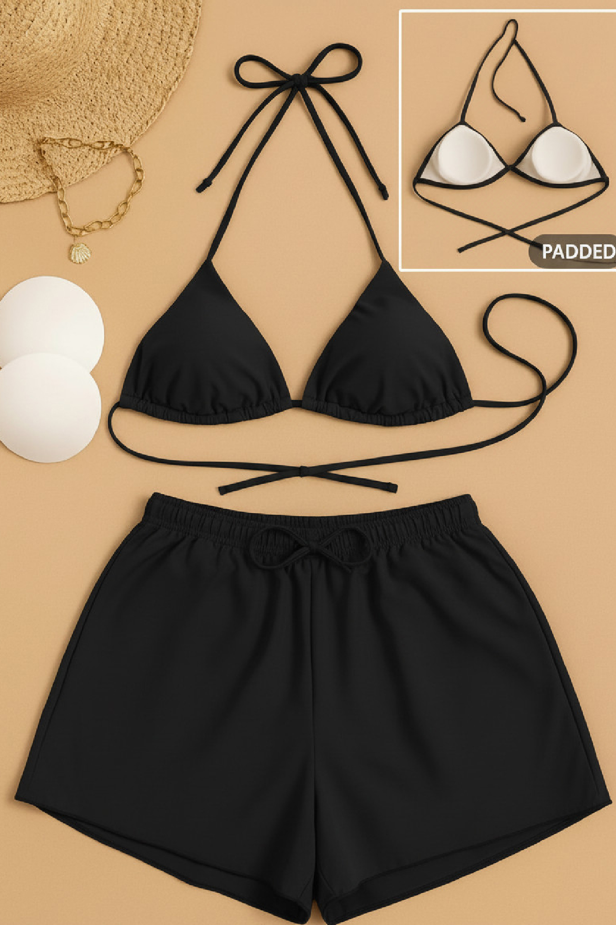 Kadın 3'lü Set Siyah Şortlu ve Yandan Bağlamalı Bikini Mayo Takımı 2 Kadın 3'lü Set Siyah Şortlu ve Yandan Bağlamalı Bikini Mayo Takımı - Görsel 2