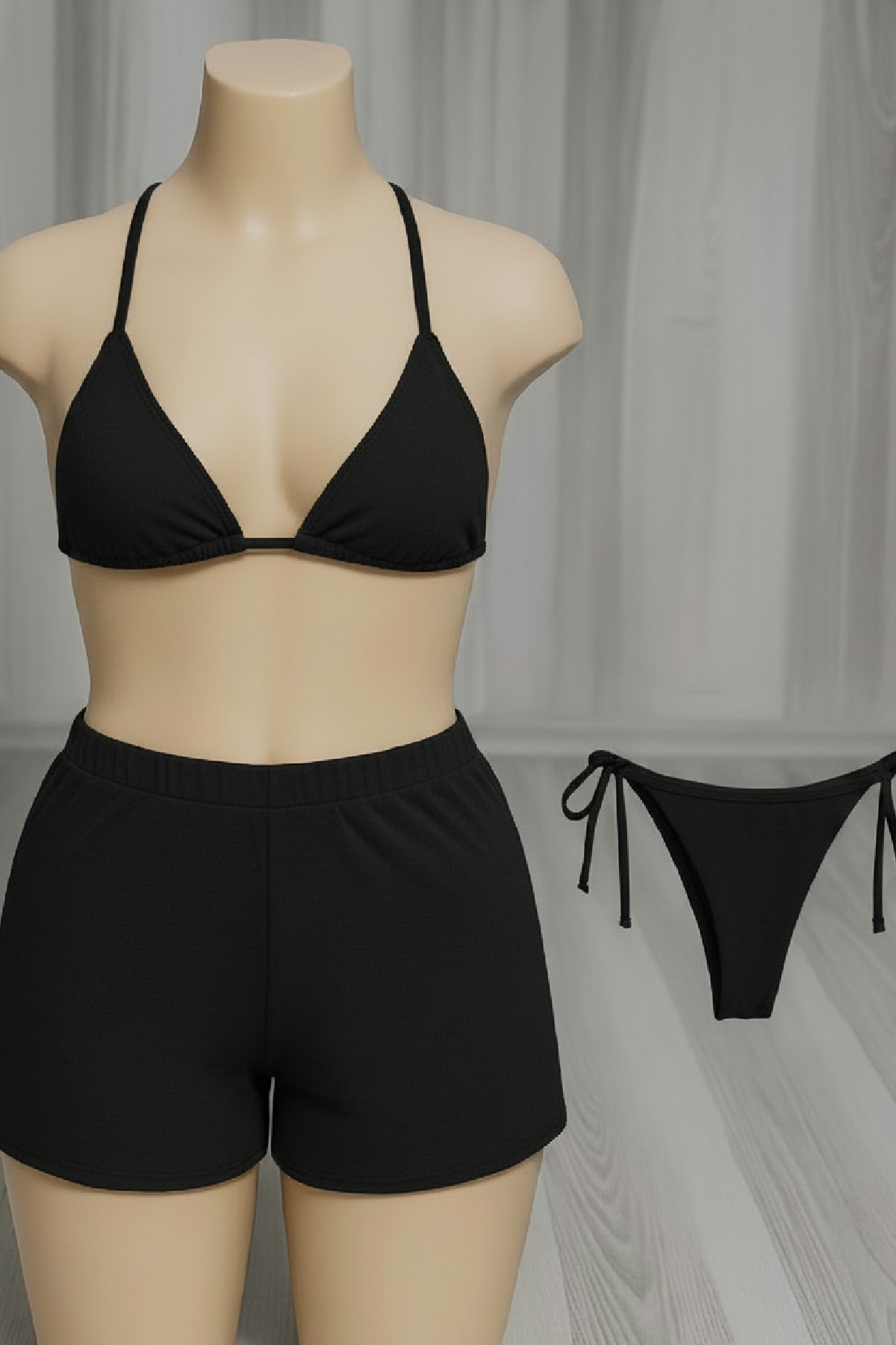 Kadın 3'lü Set Siyah Şortlu ve Yandan Bağlamalı Bikini Mayo Takımı 3 Kadın 3'lü Set Siyah Şortlu ve Yandan Bağlamalı Bikini Mayo Takımı - Görsel 3