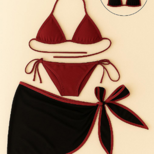 Kadın Bordo Siyah Pareolu Yandan ve Boyundan Bağlamalı 3'lü Bikini Takımı