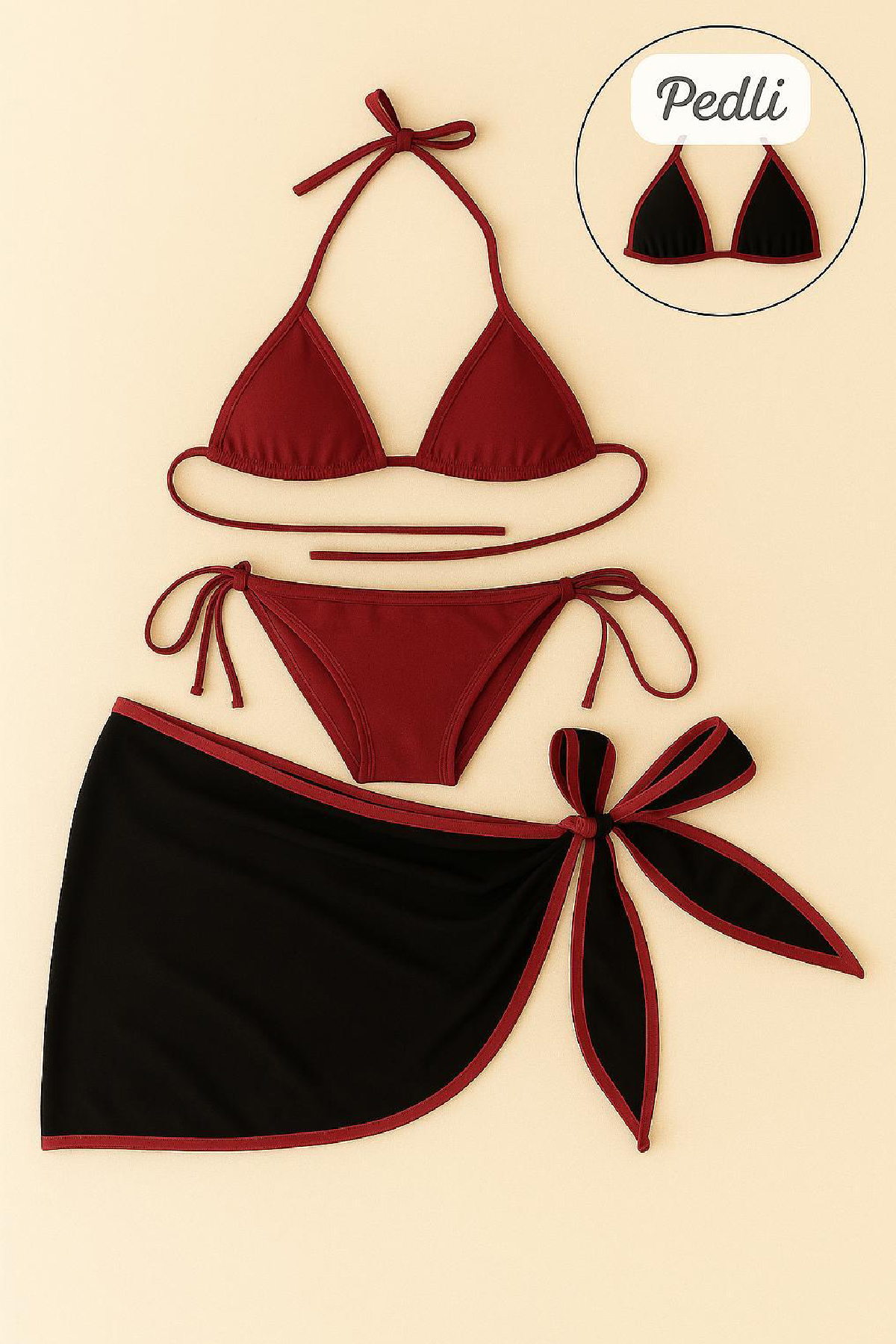 Kadın Bordo Siyah Pareolu Yandan ve Boyundan Bağlamalı 3'lü Bikini Takımı 1 Kadın Bordo Siyah Pareolu Yandan ve Boyundan Bağlamalı 3'lü Bikini Takımı