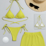 Kadın 3'lü Set Fosforlu Şortlu ve Yandan Bağlamalı Bikini Mayo Takımı