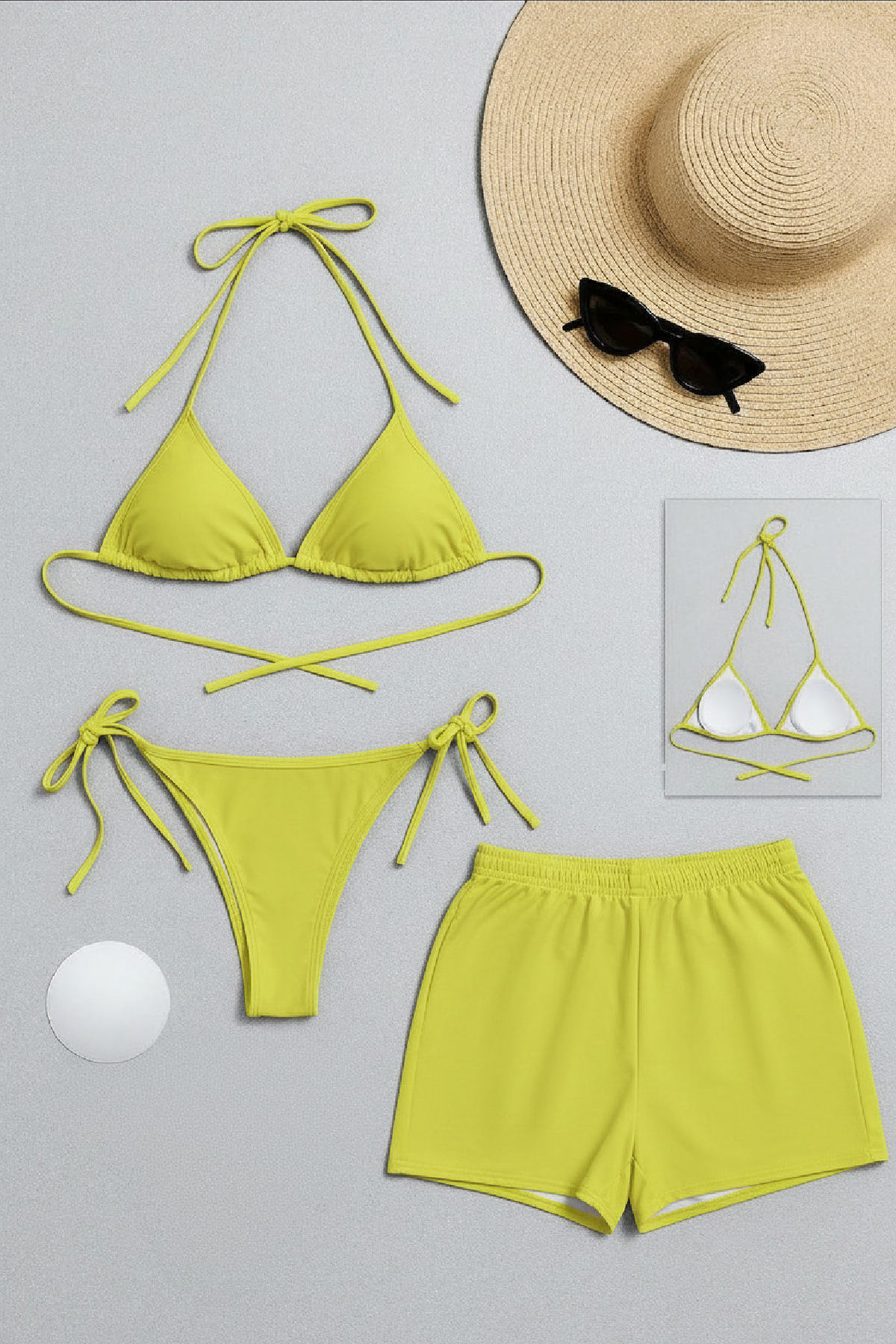 Kadın 3'lü Set Fosforlu Şortlu ve Yandan Bağlamalı Bikini Mayo Takımı 1 Kadın 3'lü Set Fosforlu Şortlu ve Yandan Bağlamalı Bikini Mayo Takımı