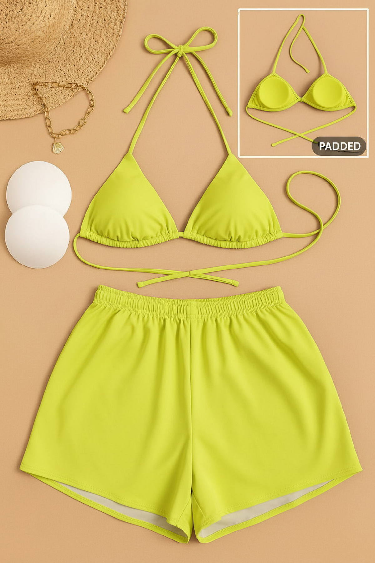 Kadın 3'lü Set Fosforlu Şortlu ve Yandan Bağlamalı Bikini Mayo Takımı 2 Kadın 3'lü Set Fosforlu Şortlu ve Yandan Bağlamalı Bikini Mayo Takımı - Görsel 2