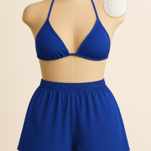 Kadın Mavi Şortlu Belden ve Boyundan Bağlamalı Bikini Takımı