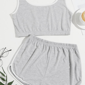 Kadın Gri Askılı Crop Top ve Şortlu Gecelik Takım H110559