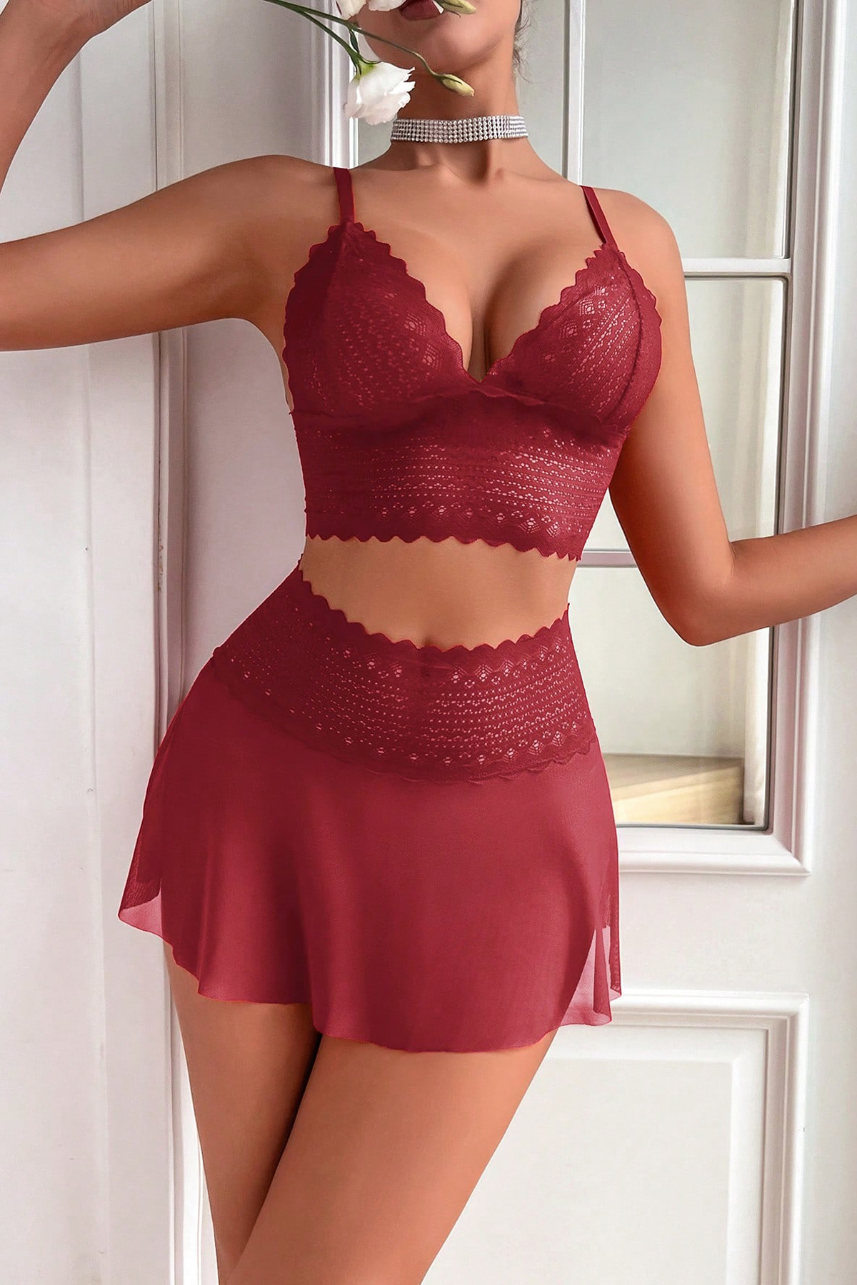 Kadın Bordo Dantel ve Tül Detaylı Etekli Şık Gecelik Takımı H110441 4 Kadın Bordo Dantel ve Tül Detaylı Etekli Şık Gecelik Takımı H110441 - Görsel 4