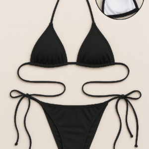 Kadın Siyah Yandan ve Boyundan Bağlamalı Bikini Mayo Takımı