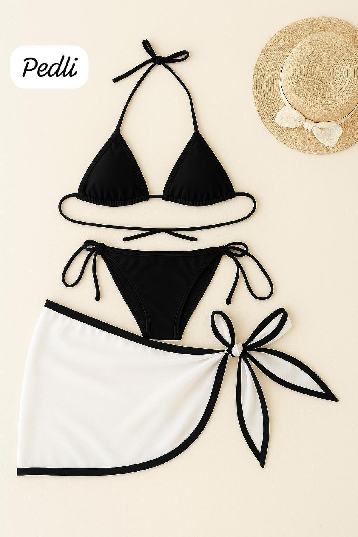 Kadın Siyah Beyaz Pareolu Yandan ve Boyundan Bağlamalı 3'lü Bikini Takımı 1 Kadın Siyah Beyaz Pareolu Yandan ve Boyundan Bağlamalı 3'lü Bikini Takımı