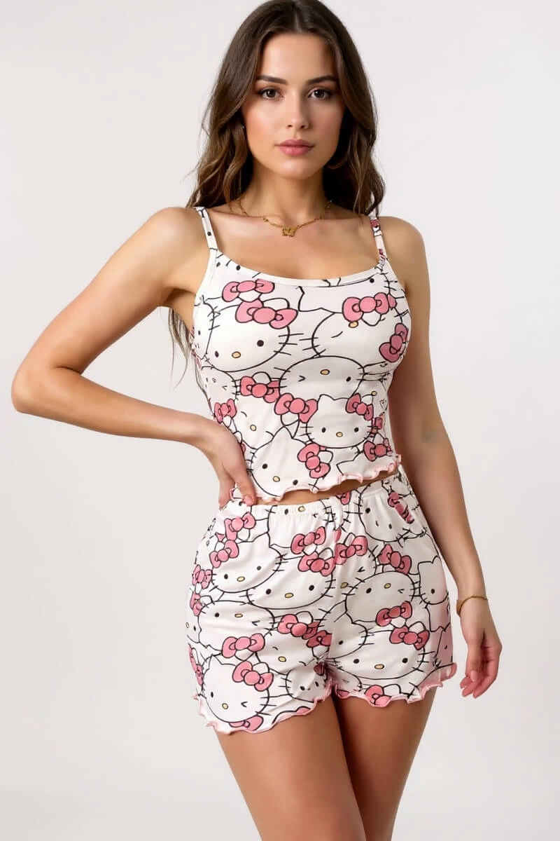 Hello Kitty Baskılı Askılı Şortlu Pijama Takımı 1 Hello Kitty Baskılı Askılı Şortlu Pijama Takımı