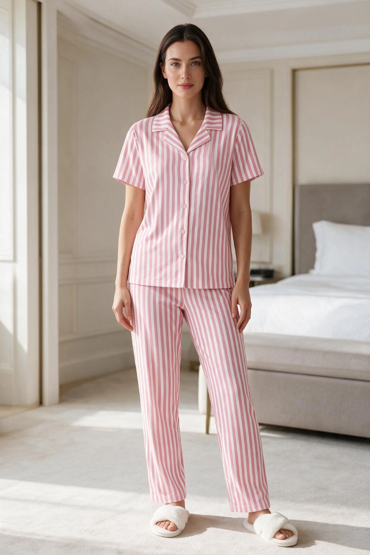 Kadın Pembe Beyaz Çizgili Kısa Kollu Düğmeli Milan Kumaş Pijama Takımı 3 Kadın Pembe Beyaz Çizgili Kısa Kollu Düğmeli Milan Kumaş Pijama Takımı - Görsel 3
