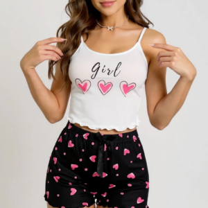 Kalp Desenli Askılı Şortlu Pijama Takımı